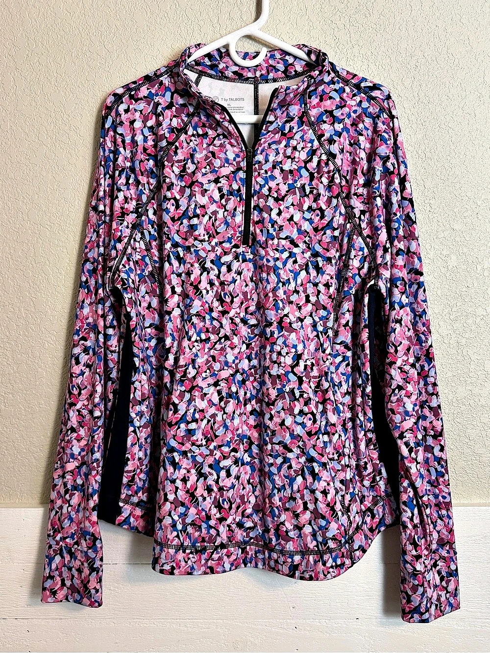 T by TALBOTS Abstract Pink Printed Quarter-Zip Pullover XL